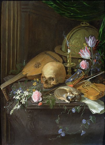 A Vanitas Still Life with a Nautilus and a Lute by Matthys Naiveu